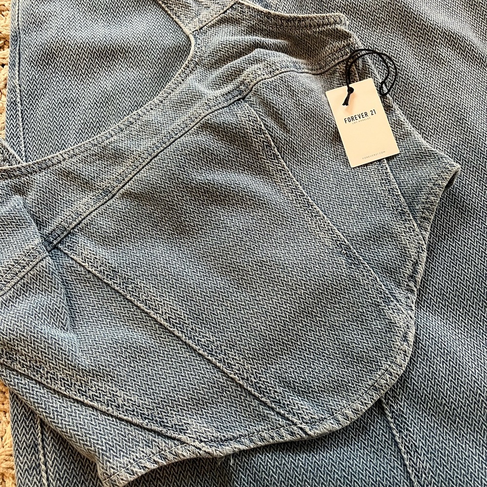 NEW 2pc Forever 21 Denim Crop Top & Skirt Chevron pattern Med Denim Small Medium - Picture 3 of 16